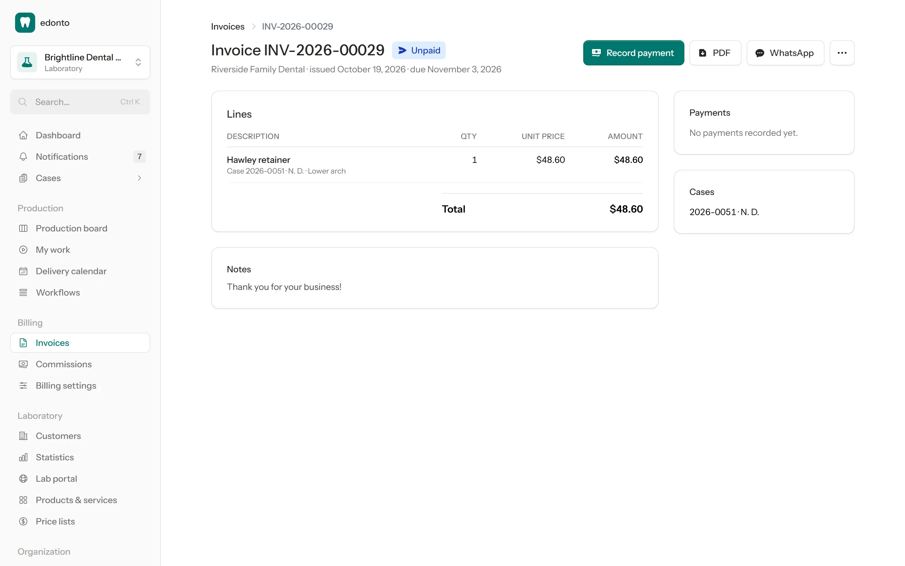 Issued invoice with line items, total and payment status