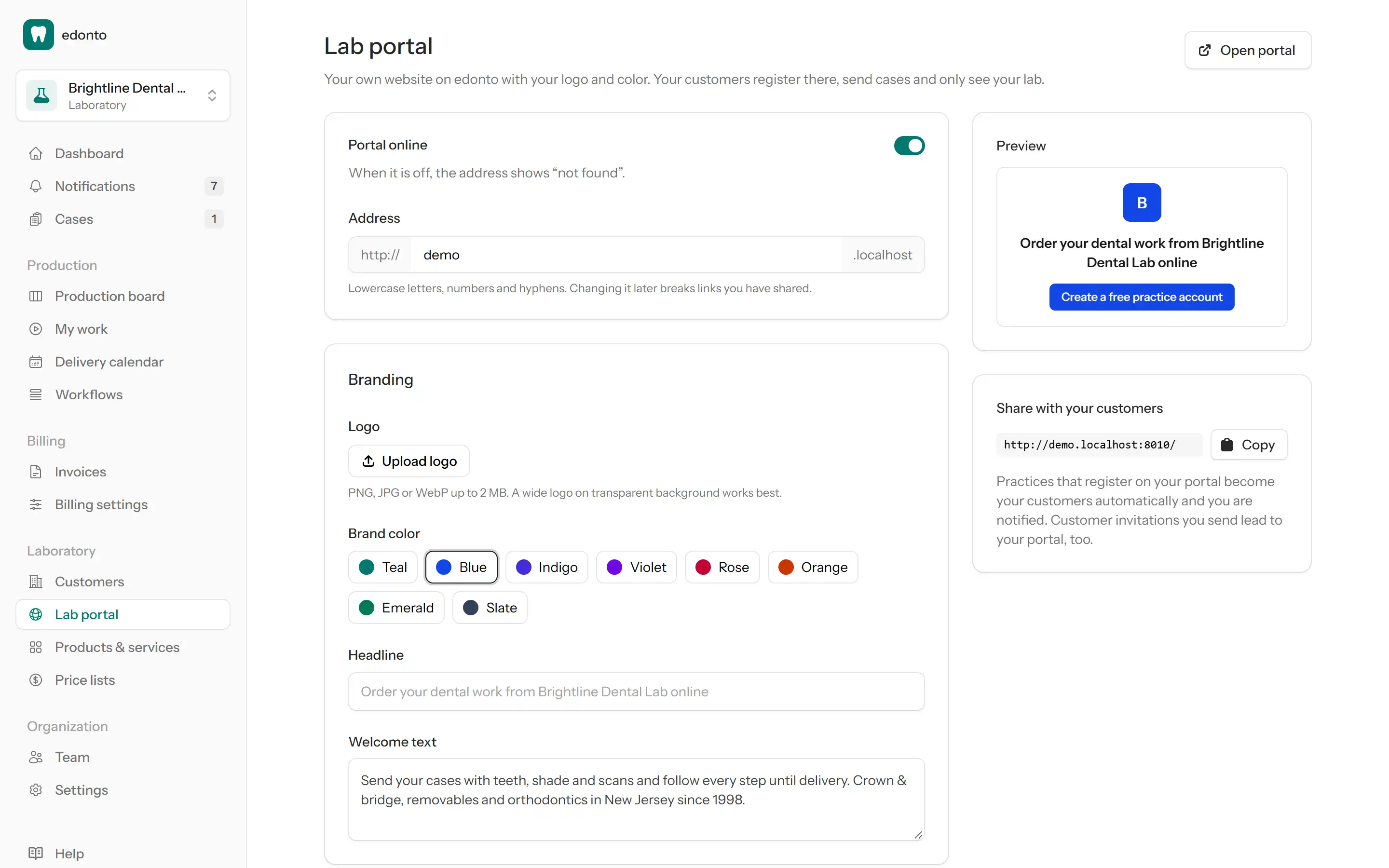 Portal settings of a lab with subdomain, logo, brand color and welcome text