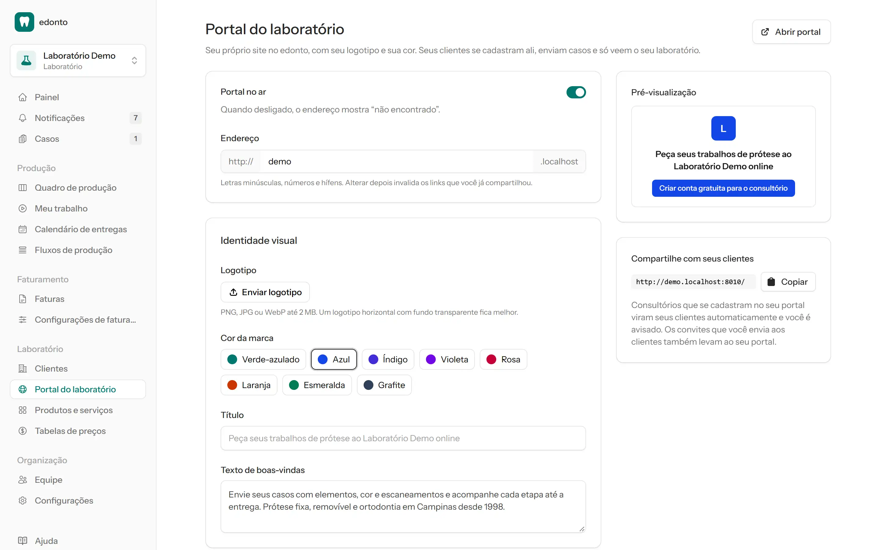 Configurações do portal de um laboratório com subdomínio, logo, cor e texto de boas-vindas