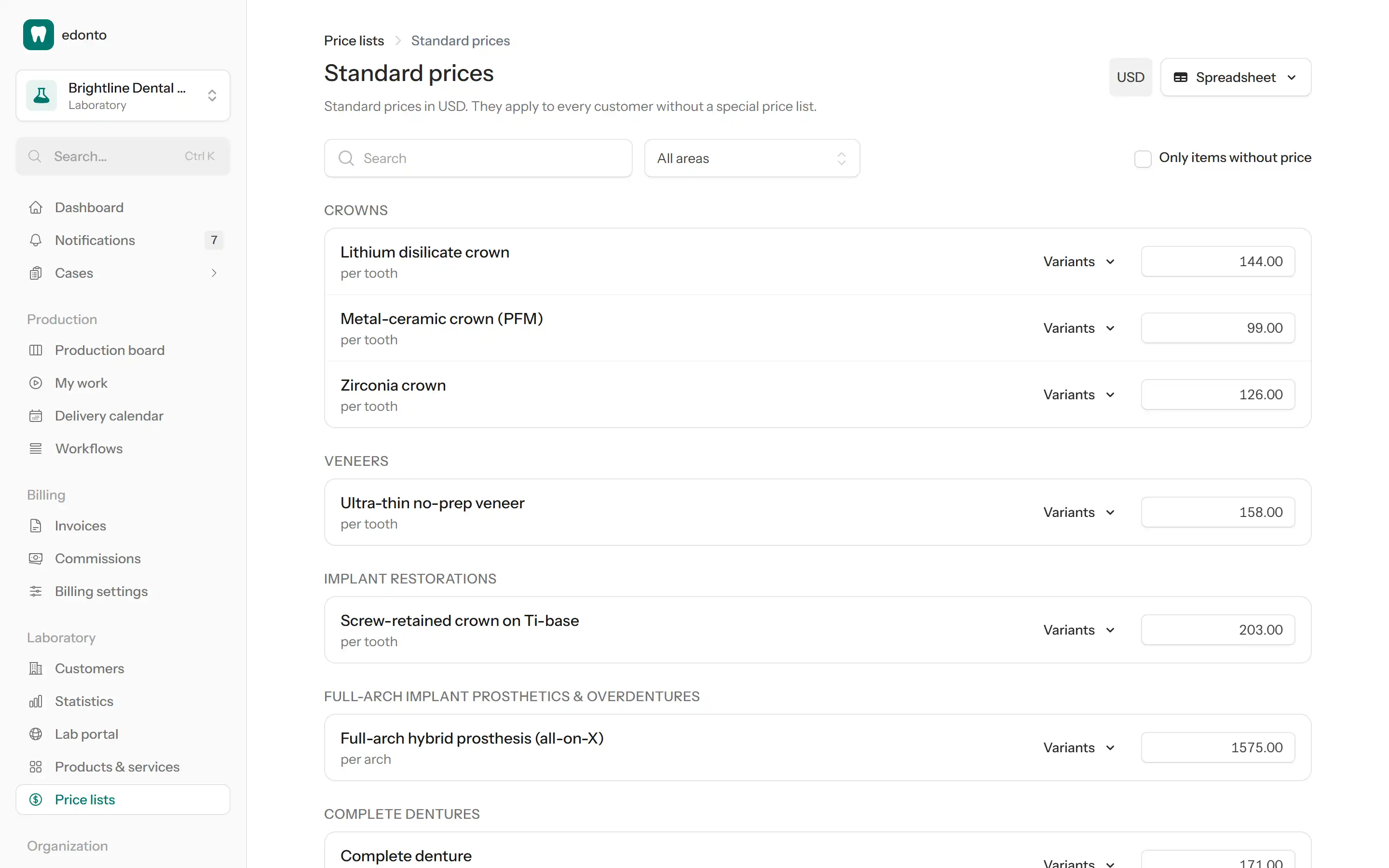 Price list with standard prices per product and variant surcharges