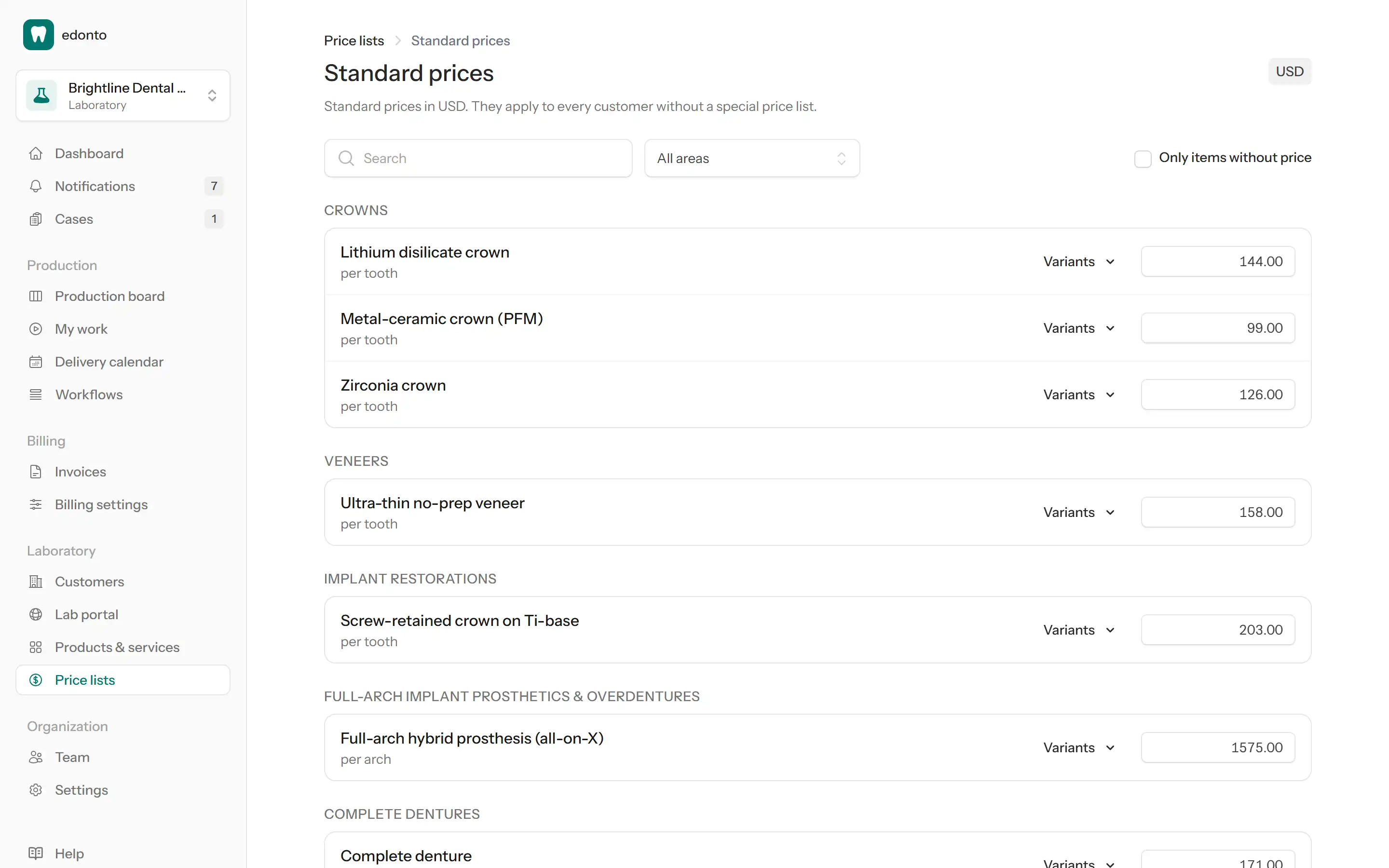 Price list with standard prices per product and variant surcharges