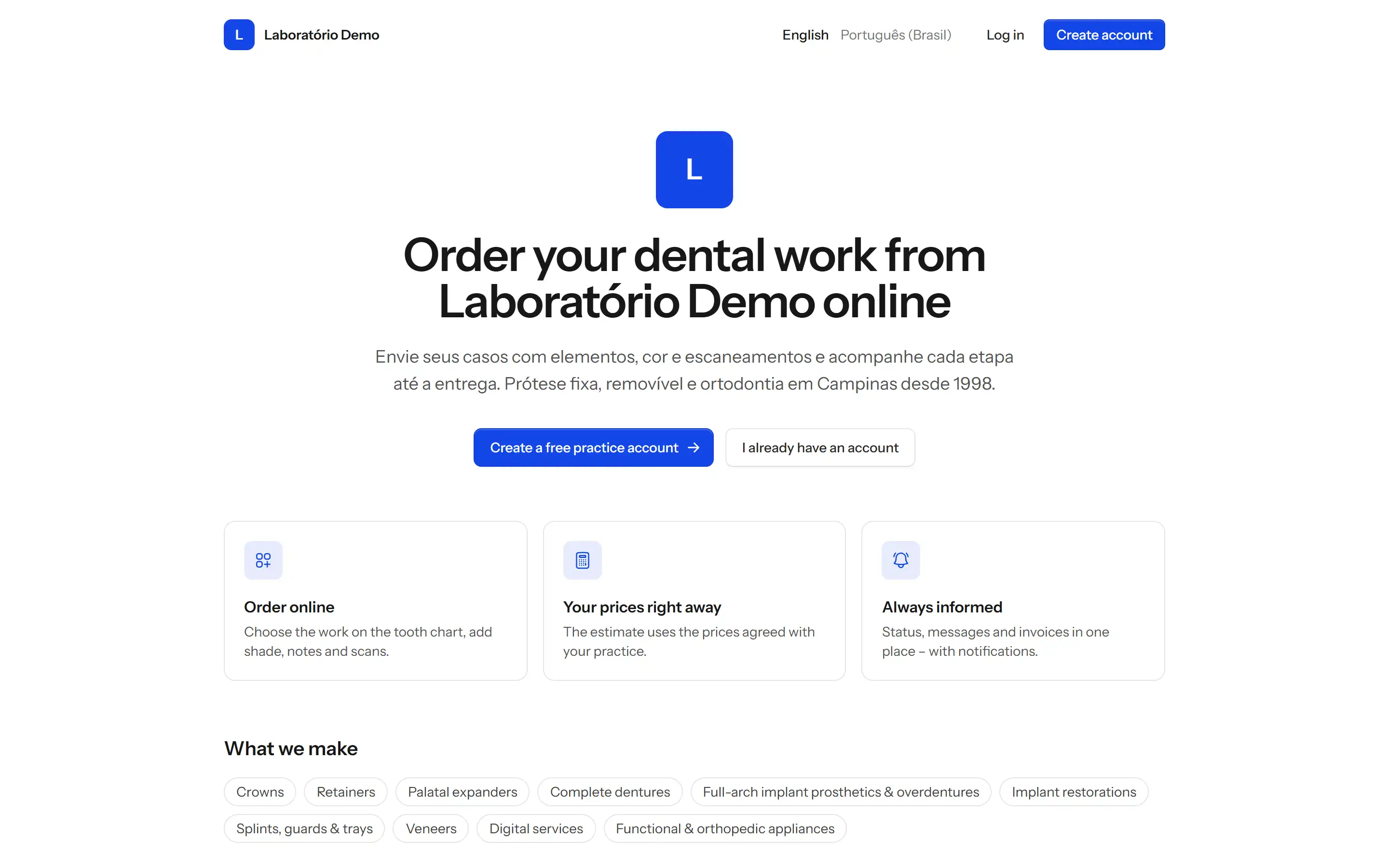 Portal do Laboratório Demo com cadastro e login para clínicas