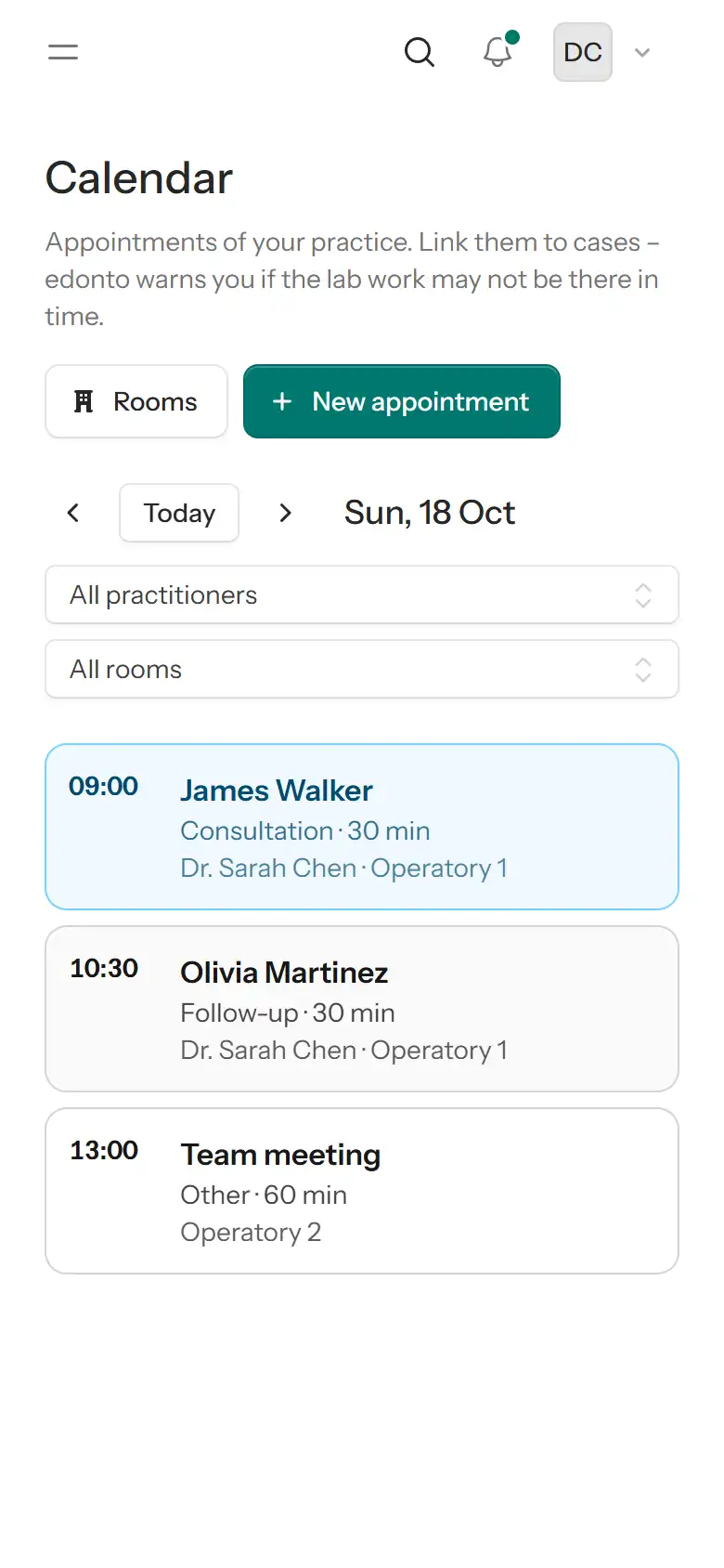 Day view of the clinic calendar on a phone