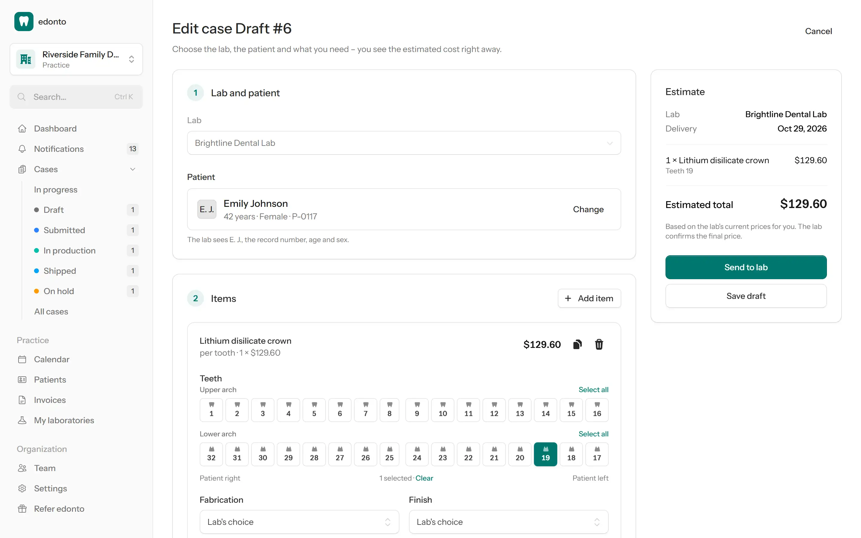 New case form with tooth chart, a selected tooth and the cost estimate