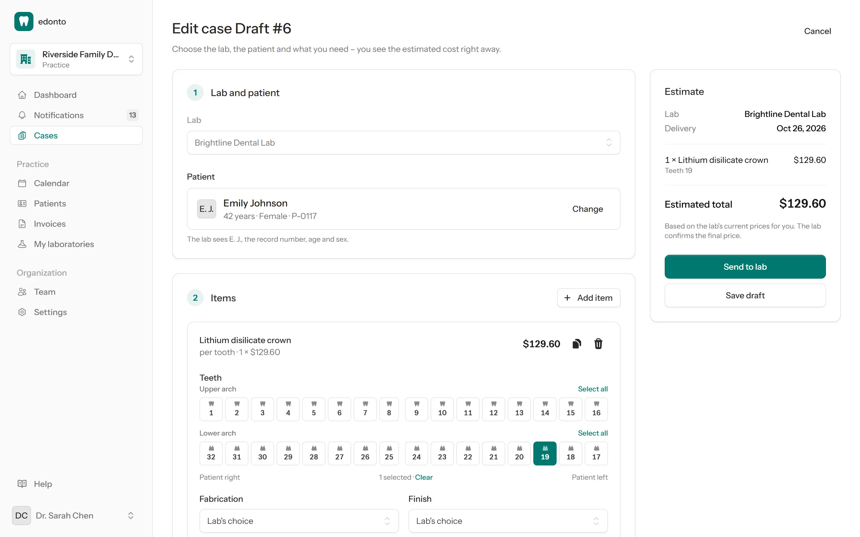 New case form with lab, patient, tooth chart and cost estimate