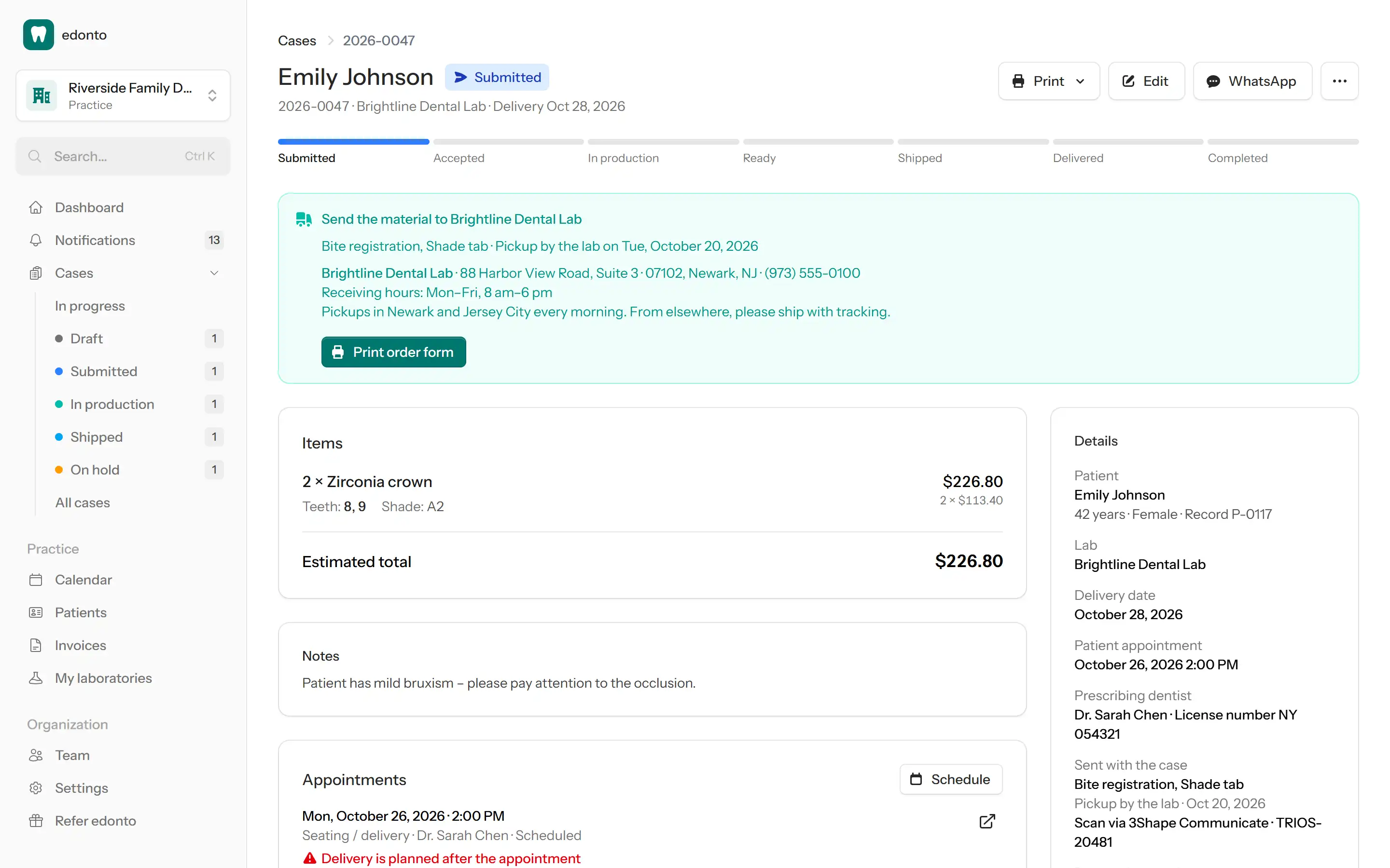 Clinic case page with status, items, appointment and a delivery warning