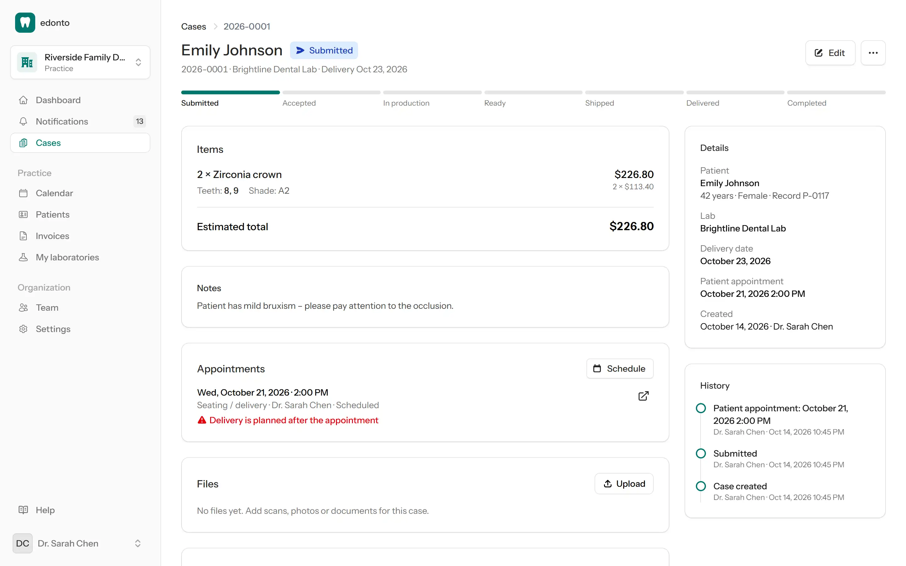 Clinic case page with status, items, appointment and history