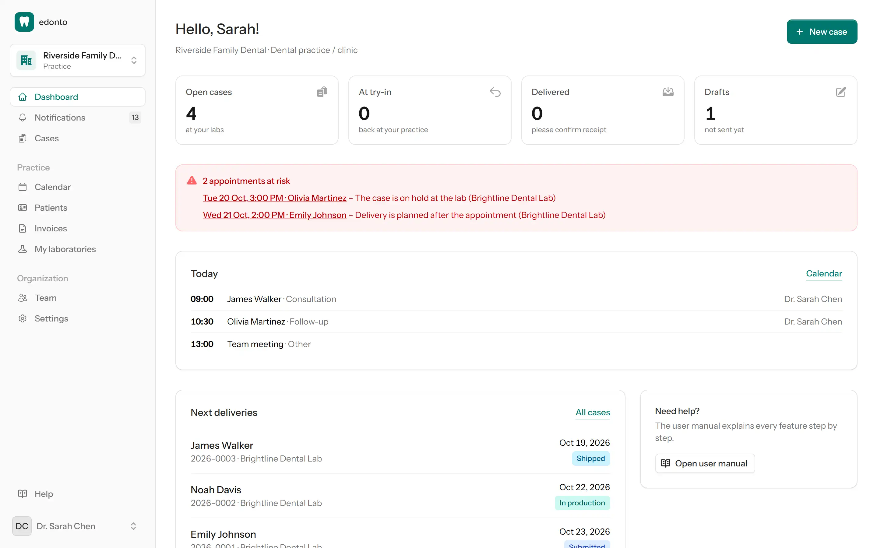 Clinic dashboard with open cases, appointments at risk, today's appointments and the next deliveries
