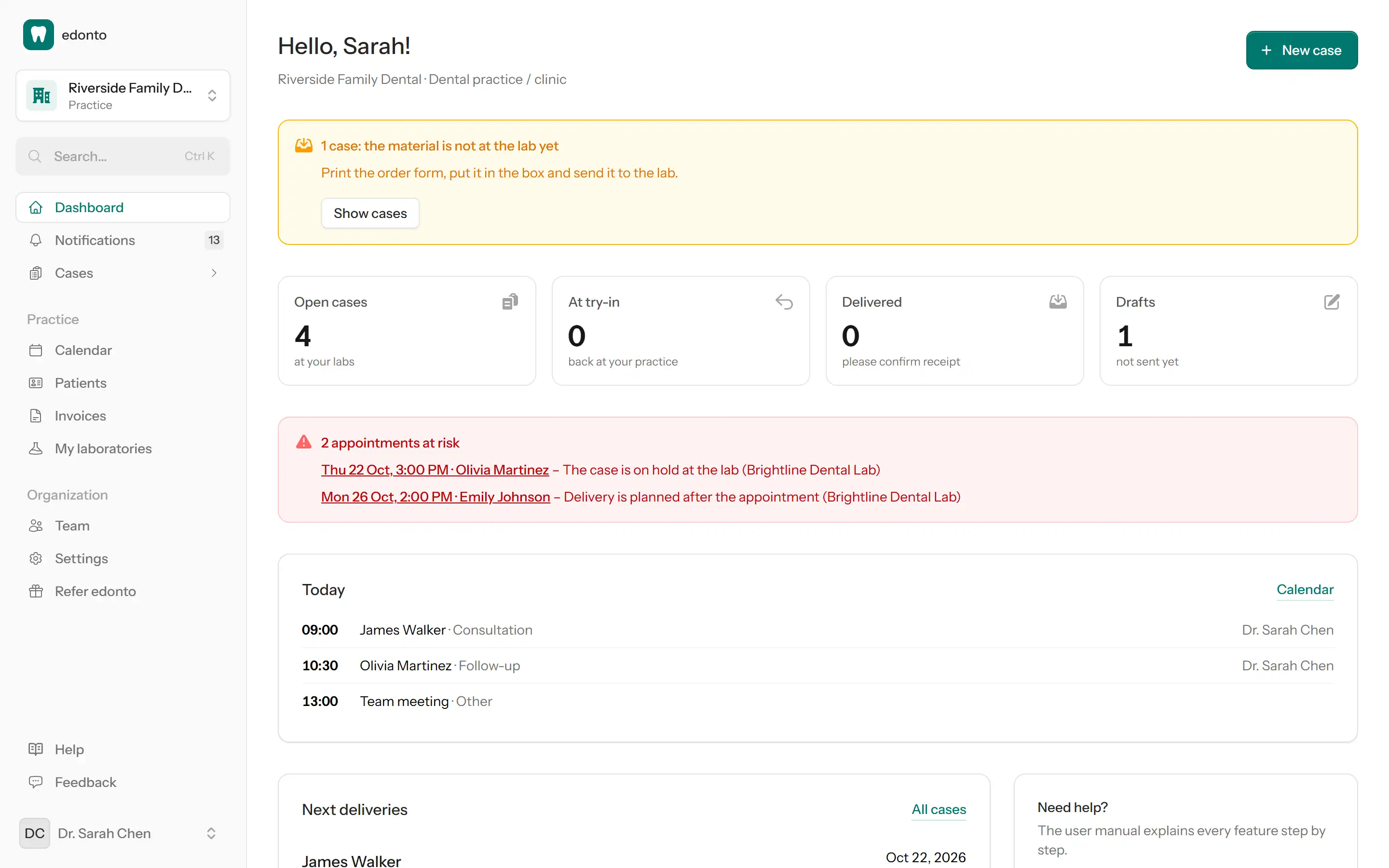 edonto clinic dashboard with open cases, today's appointments and a warning for appointments at risk